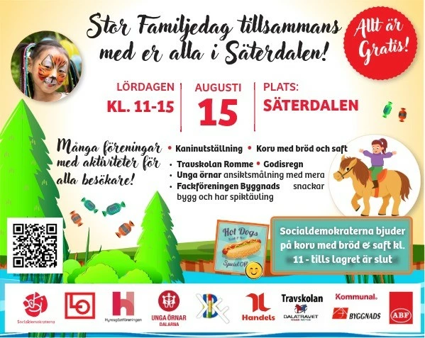 Bild text om familjedagen i Säterdalen. Datum och tider och vilka arrangörer som är med och anordnar