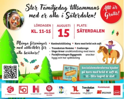 Bild text om familjedagen i Säterdalen. Datum och tider och vilka arrangörer som är med och anordnar