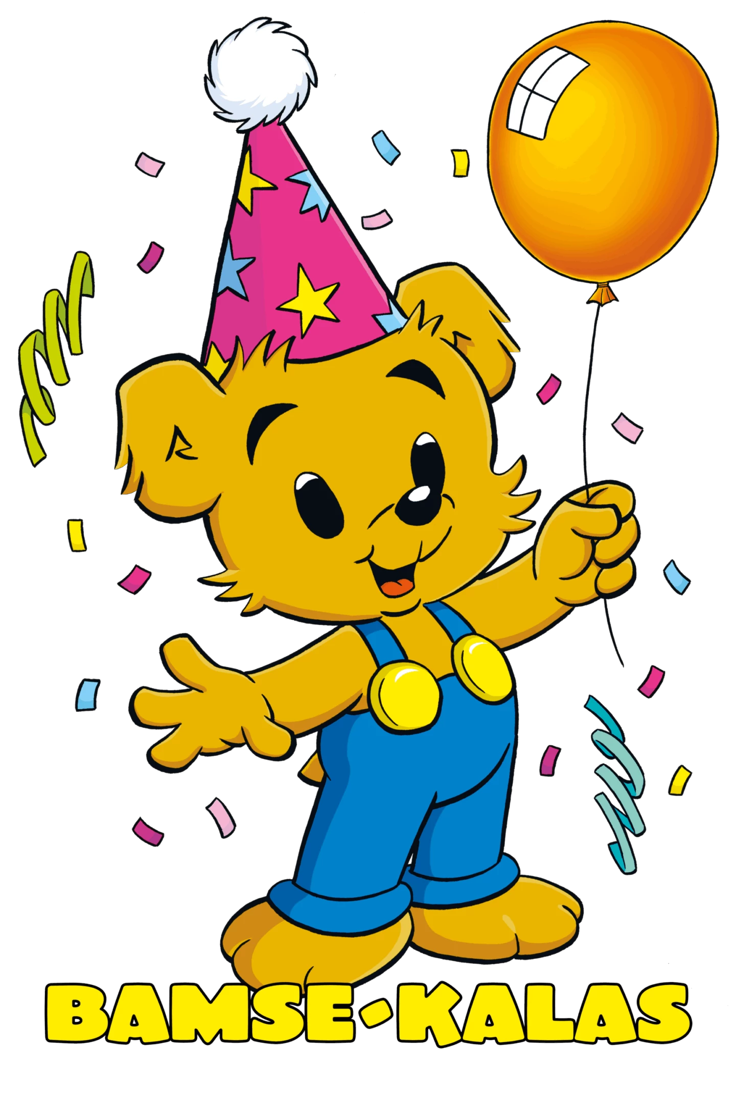 Bamse - världens starkaste björn. Med gul ballong och kalashatt på huvudet