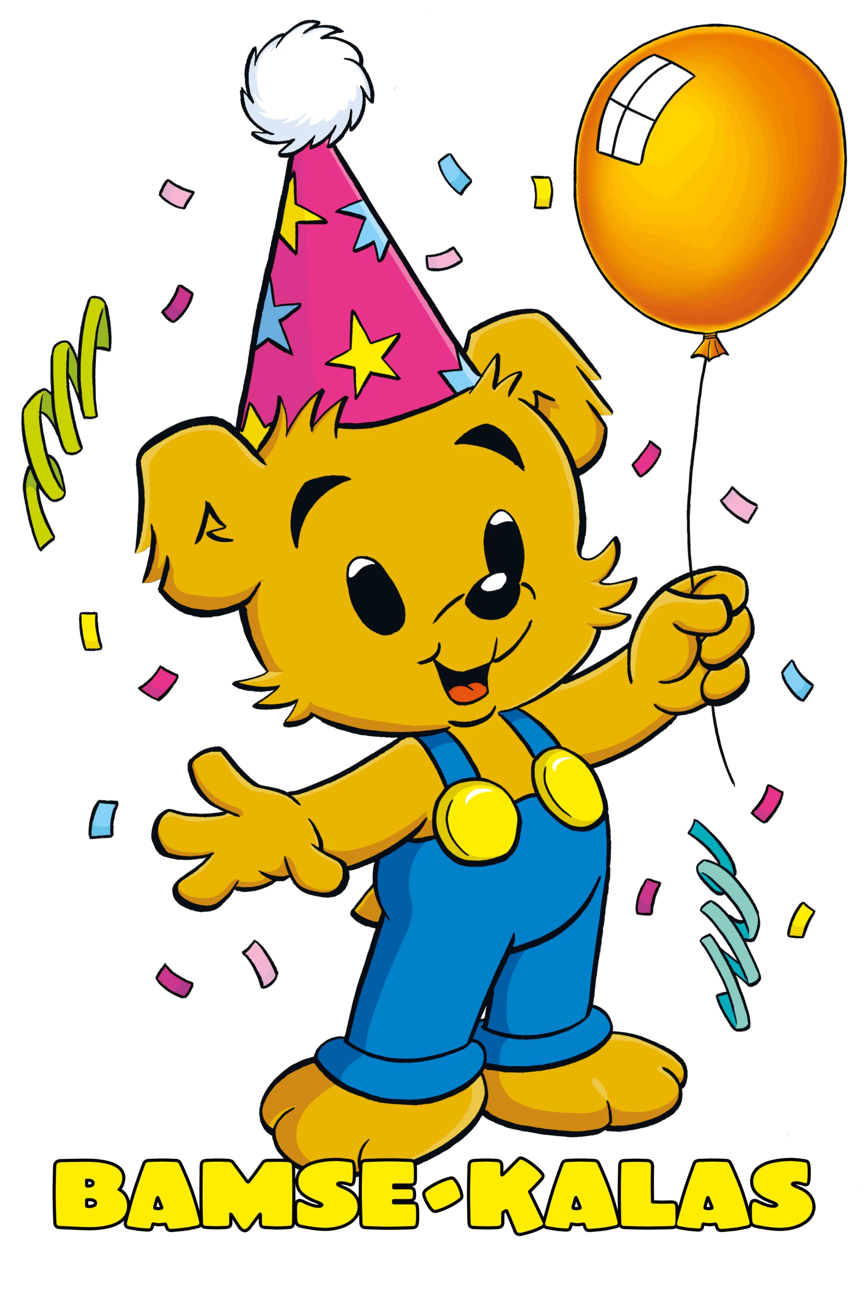 Bamse - världens starkaste björn. Med gul ballong och kalashatt på huvudet