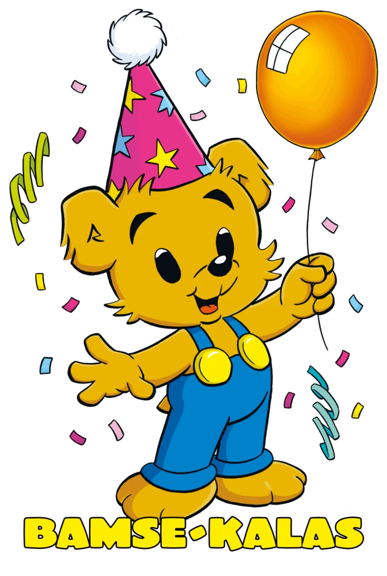 Bamse - världens starkaste björn. Med gul ballong och kalashatt på huvudet