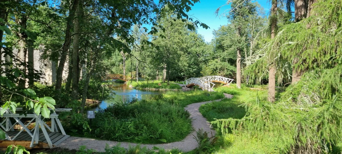 bild över engelska parken, grängshammar. Gångväg, lummig trädgård och vatten