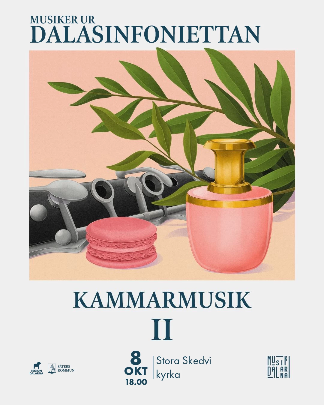 Målad affisch föreställande en klarinett, lite blad och en kaka