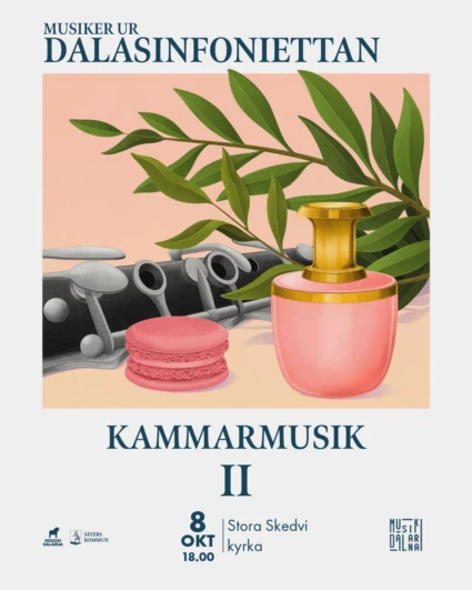 Målad affisch föreställande en klarinett, lite blad och en kaka
