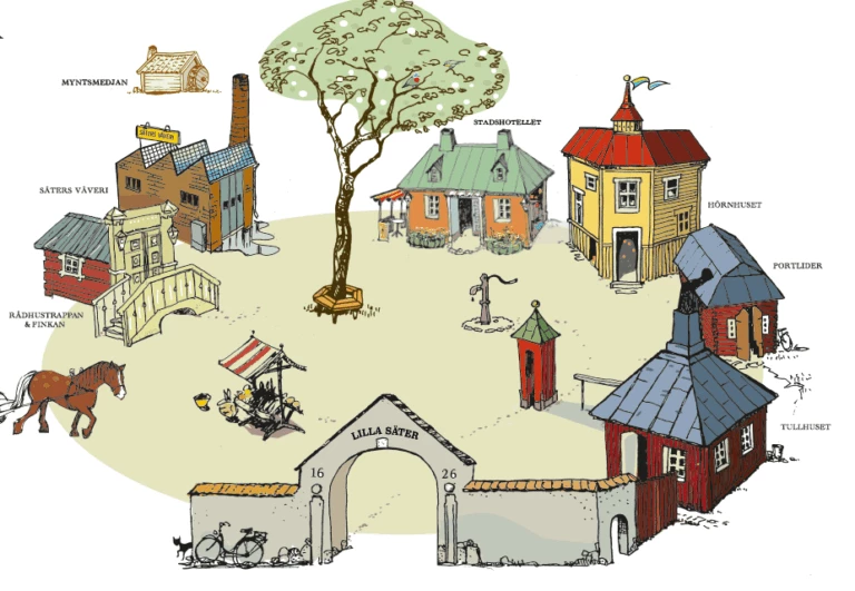 illustration av lilla säter med husen gestaltade