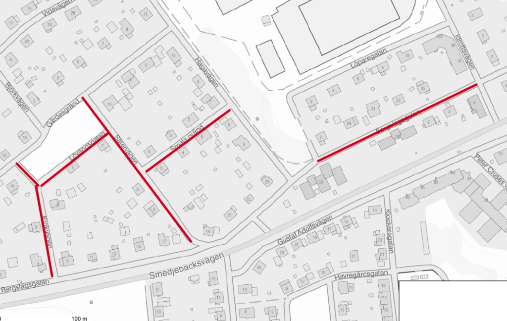 Karta över Burhagen där berörda delar av Bergslagsgatan, Lövängsgatan, Sätervägen, Smala Gränd och Krokvägen är markerade med rött.