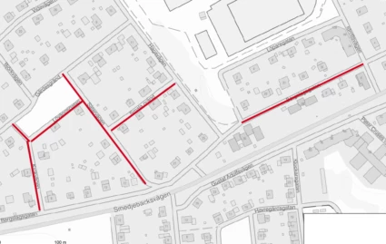 Karta över Burhagen där berörda delar av Bergslagsgatan, Lövängsgatan, Sätervägen, Smala Gränd och Krokvägen är markerade med rött.