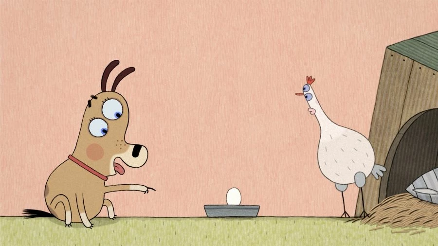 Filmposter föreställande en animerad höna och en hund