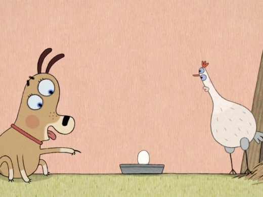 Filmposter föreställande en animerad höna och en hund