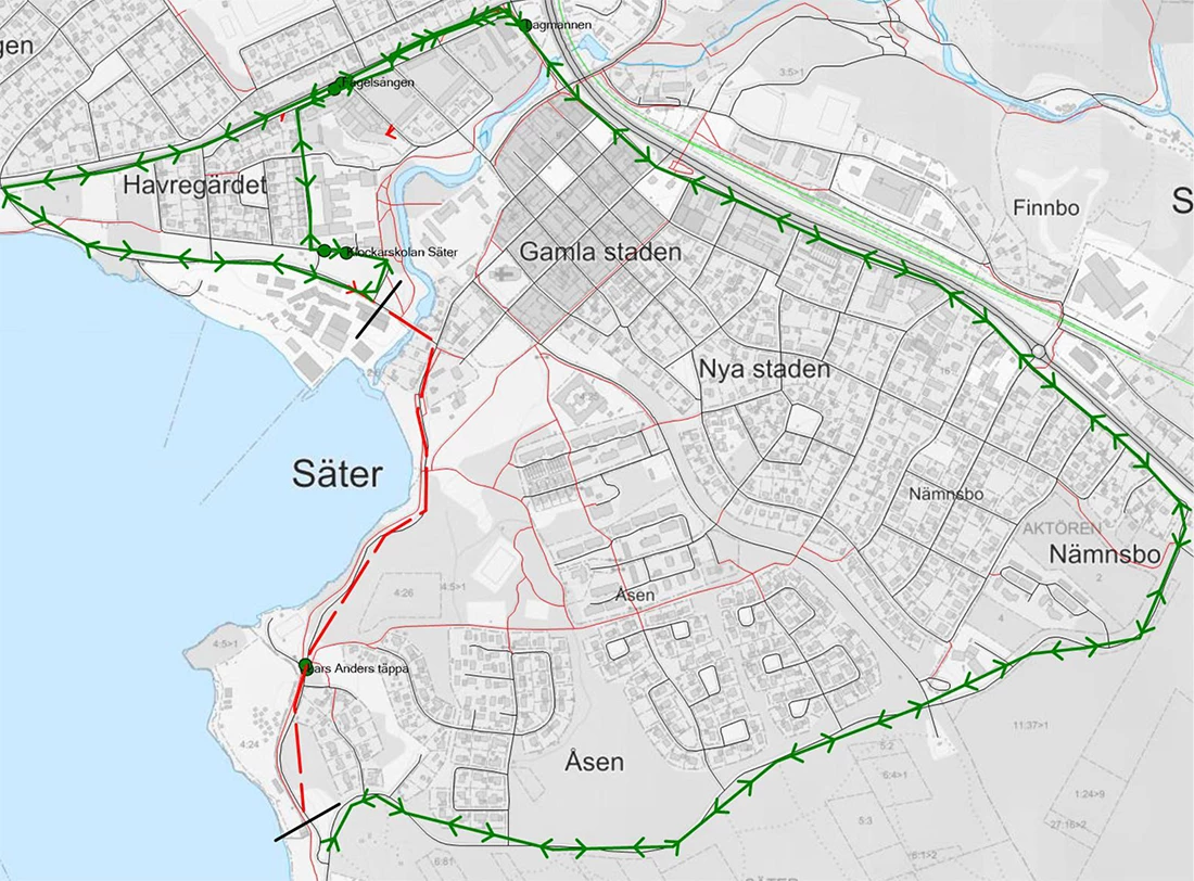 Karta som visar busslinje 376:s tillfälliga körväg vid vägarbetet den 1–2 november.