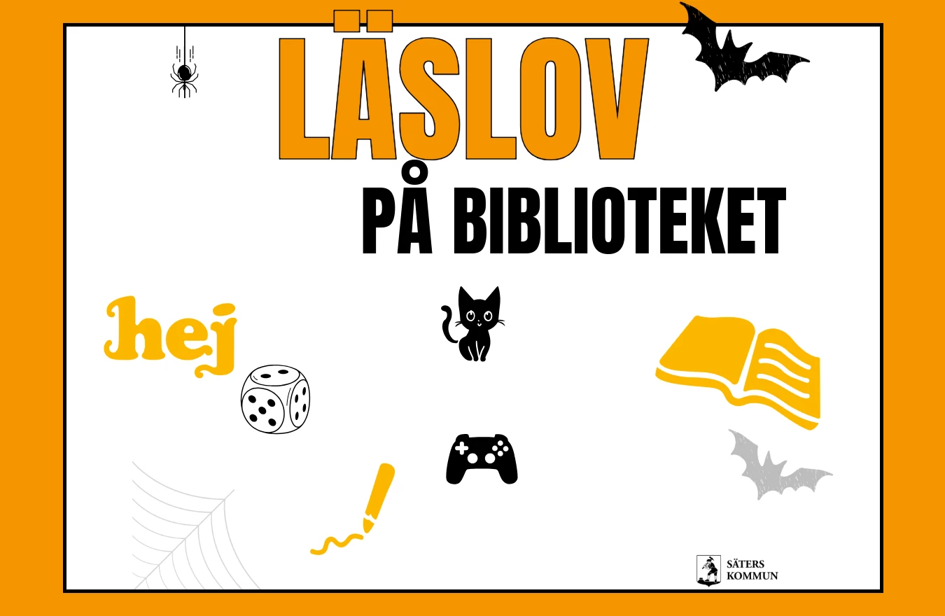 Läslov på biblioteket, animerad katt, gul bok, tvspelskontroll och en penna