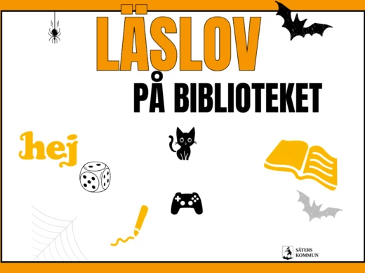 Läslov på biblioteket, animerad katt, gul bok, tvspelskontroll och en penna